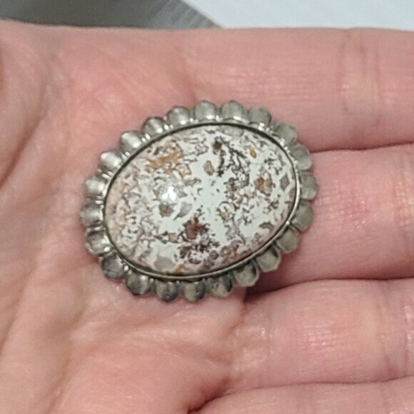 Vintage Antique Boho Sterling Silver Rosetta Jasper Stone Cabochon Oval Brooch - Picture 7 of 7